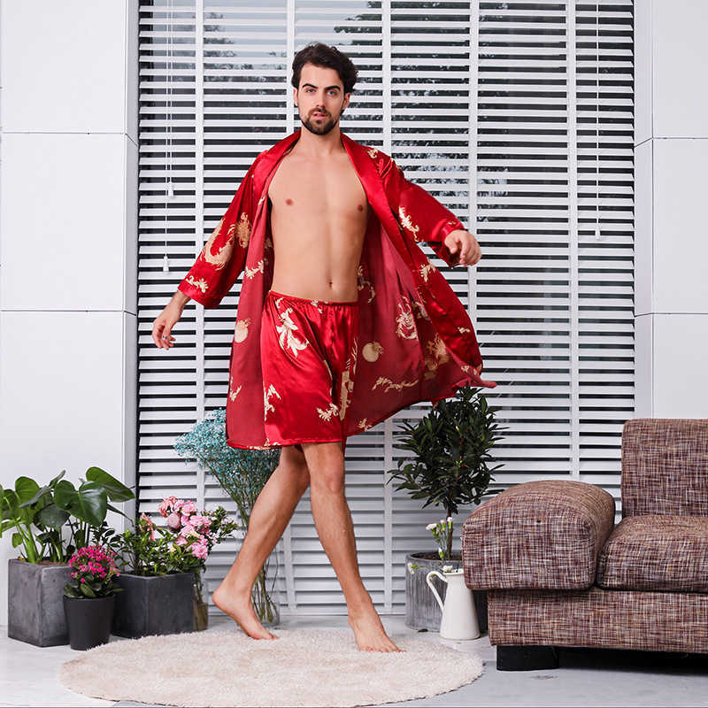 Homens sleepwear terno de duas peças masculino vestido de seda extra grande robe com dragões mens cetim roupão de seda quimono homens 21039 t221103