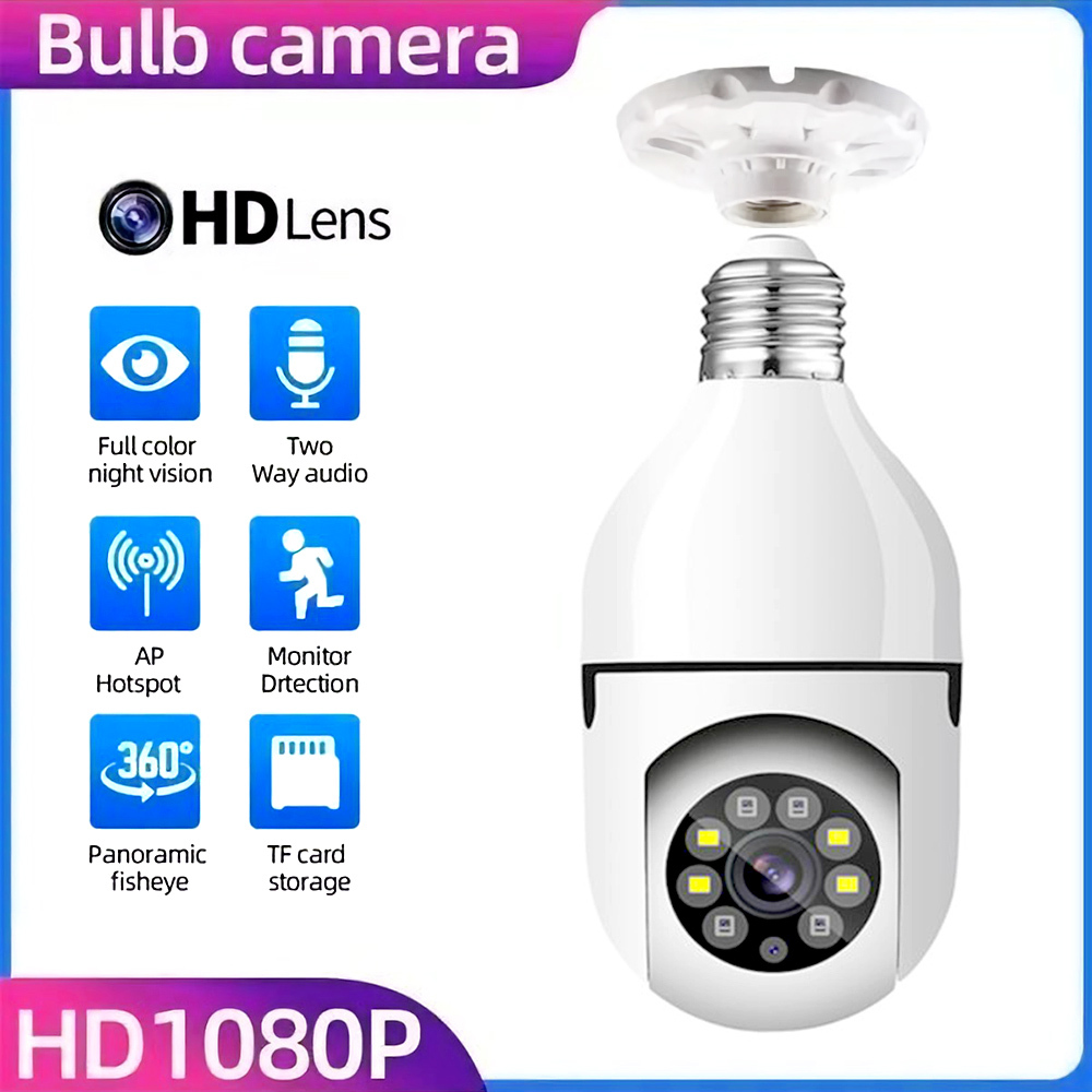 WiFi 360 ° 파노라마 전구 카메라 HD 1080p 감시 카메라 무선 홈 보안 카메라 나이트 비전 두 웨이 오디오 스마트 모션 감지 모니터