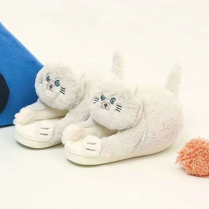 Slippers Knuffel Kat Vrouwen Mannen Winter Thuis Slides Kawaii Vloer Schoenen Harige Meisje Witte Muilezels Grappige Leuke Gift 221103