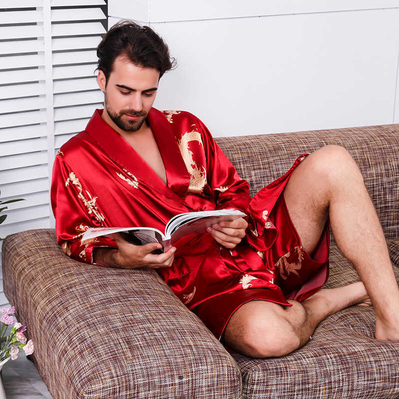 Homens sleepwear terno de duas peças masculino vestido de seda extra grande robe com dragões mens cetim roupão de seda quimono homens 21039 t221103