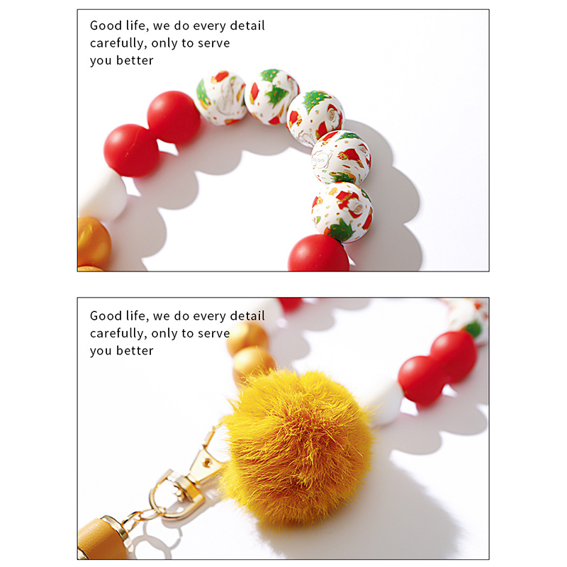 Porte-clés Bracelet de perles de noël, tissé à la main, pompon, boule en peluche, pendentif, décoration de sac