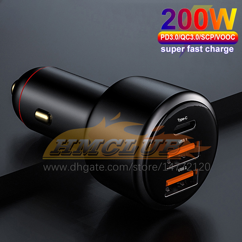 CC448 Carregador de carro USB 200W 125W Super Fast Charger 100W 65W PD Type-C Rápula Charge3.0 para Huawei Oppo Vooc iPhone Xiaomi Telefone celular