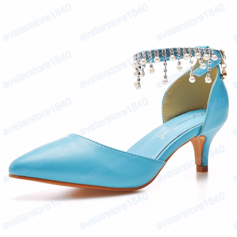 Mulher sandálias meninas 5cm salto alto vestido sapatos fivela tornozelo cinta pérola diamante borla casamento nupcial stiletto céu azul