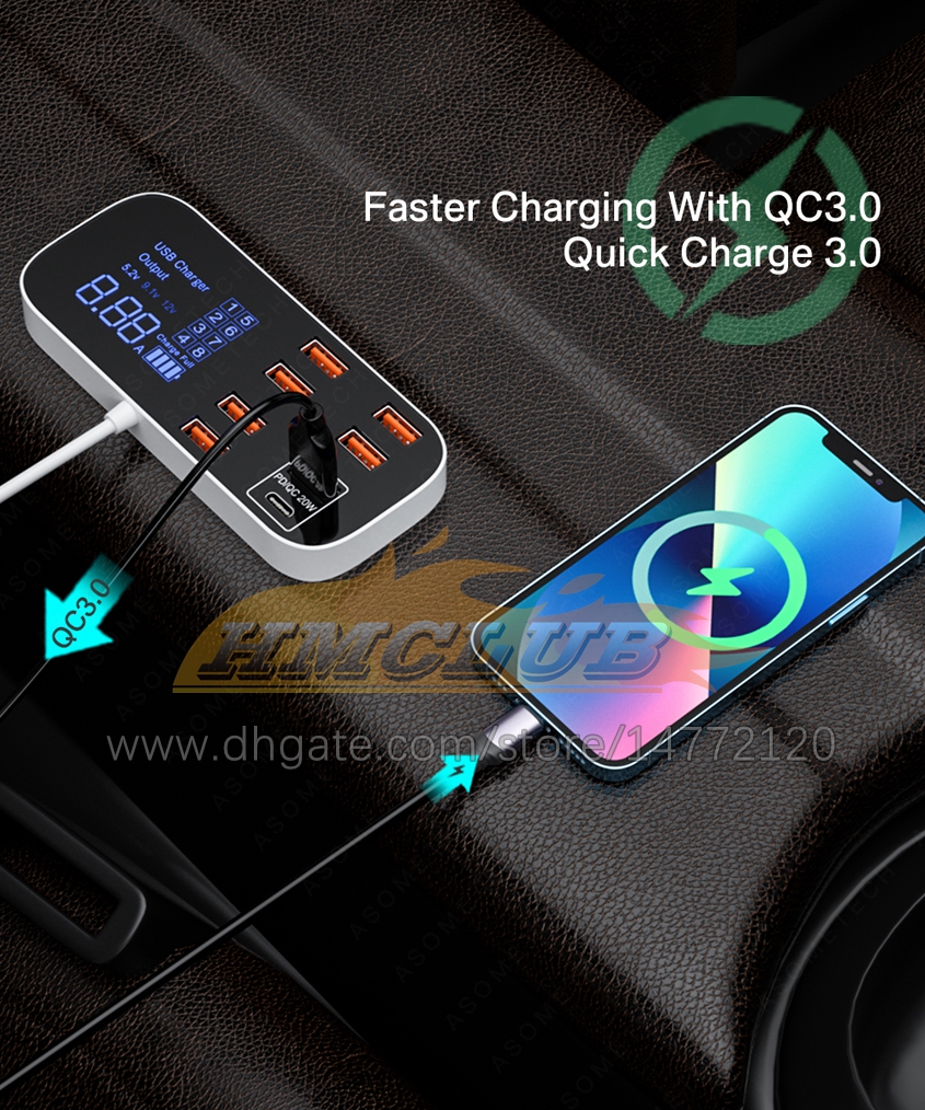 CC473 8 포트 USB 자동차 충전기 QC3.0 PD 빠른 충전 전화 충전기 40W 8A iPhone Android Samsung 용 LED 디스플레이가있는 멀티 USB 소켓