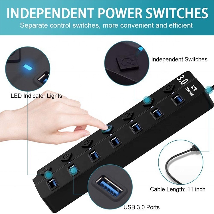 Stromkabelstecker, 7-Port-USB30-Adapter, tragbarer USB-Multiport-USB-30-Port-Hub mit Schaltern, LED-Konverter, 5 Gbit/s Datenübertragung für Laptop-PC 221103