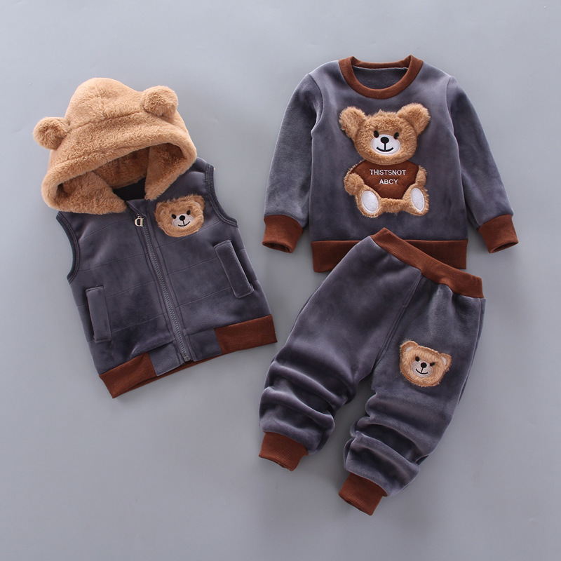 Комплекты одежды Осенняя зимняя маленькая одежда для мальчиков толстый флисовый мультфильм медведь жилеты штаны 3 шт.