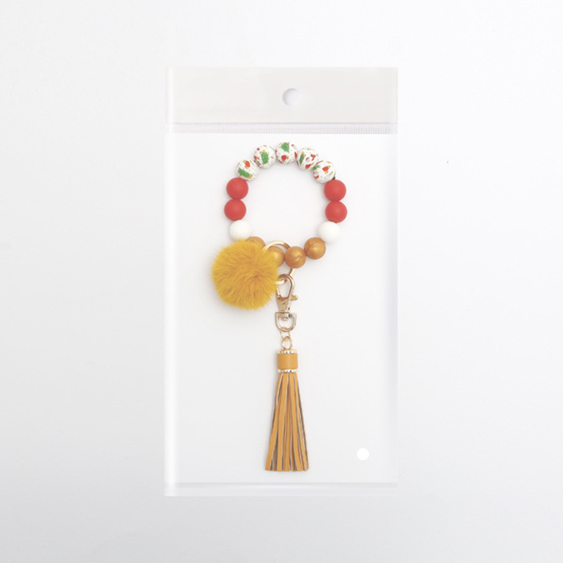 Porte-clés Bracelet de perles de noël, tissé à la main, pompon, boule en peluche, pendentif, décoration de sac