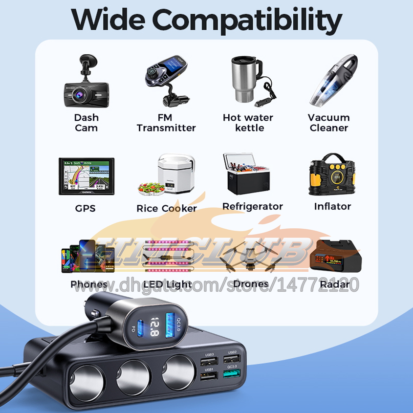 CC302 154W 9 in 1 autoladeradapter PD 3 Socket Sigaretten Lichter Splitter Lading Independent Switches DC Sigarettenuitgang