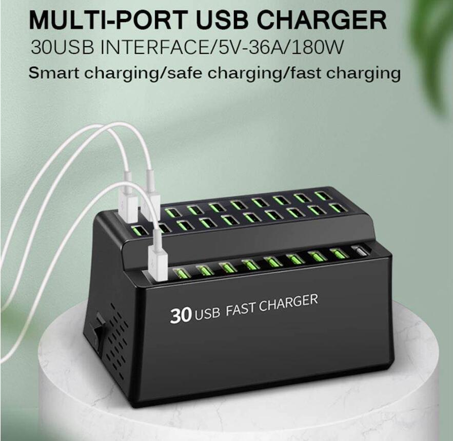 30-Port USB Hub Charger Power Adapter Wall Fast Charging Dock Station 180W لـ iPhone iPad Samsung Xiaomi Table Smart