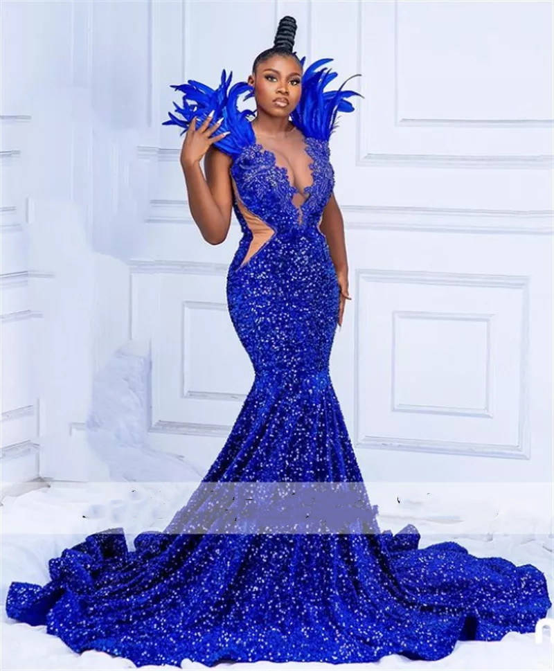Robe De Bal De Sirène Bleu Royal Scintillant 2023 Perles De Cou Transparentes Plumes Paillettes Plus La Taille Robes De Fête D'anniversaire Africaines Robe De Bal