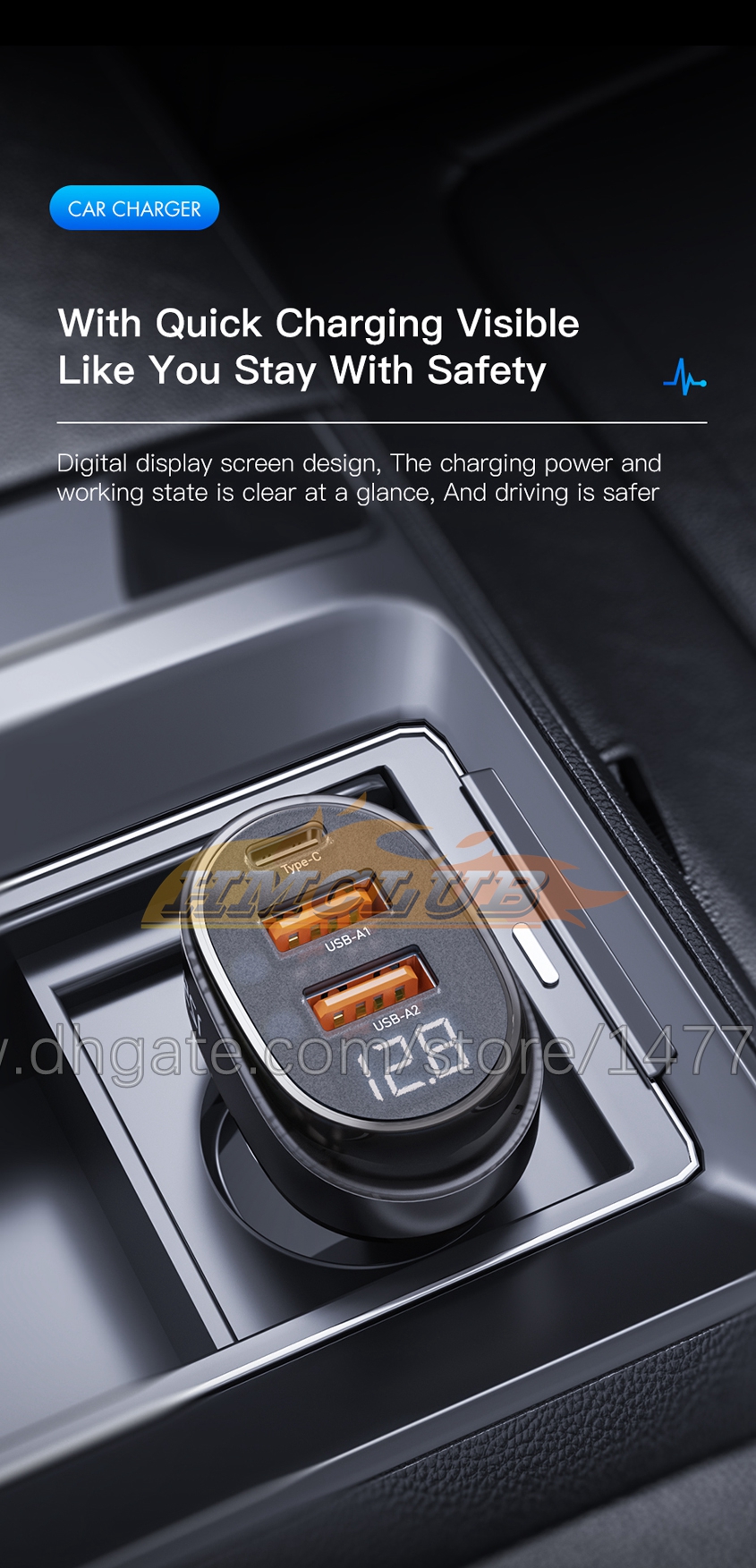 CC500 125W USB C 차량 충전기 충전기 디스플레이 PD QC3.0 빠른 충전 전화 충전기 iPhone 13 Pro Max Samsung Xiaomi Laptop