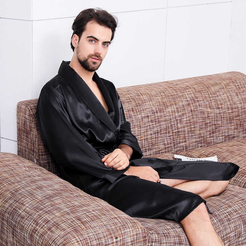 Men's Sleepwear Men's Black Color Silk Bathrobe Thin Long-sleeved Sleepwear Robes with Belt 5xl Large Size Mens Kimono Robe Satin Home Clothes T221103