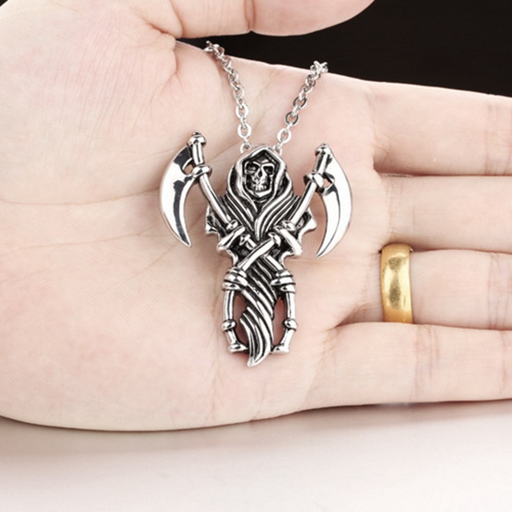 Fashion Men's Necklace Antique silver Skull Grim Reaper Sickle Charm Pendant For Jewelry Making