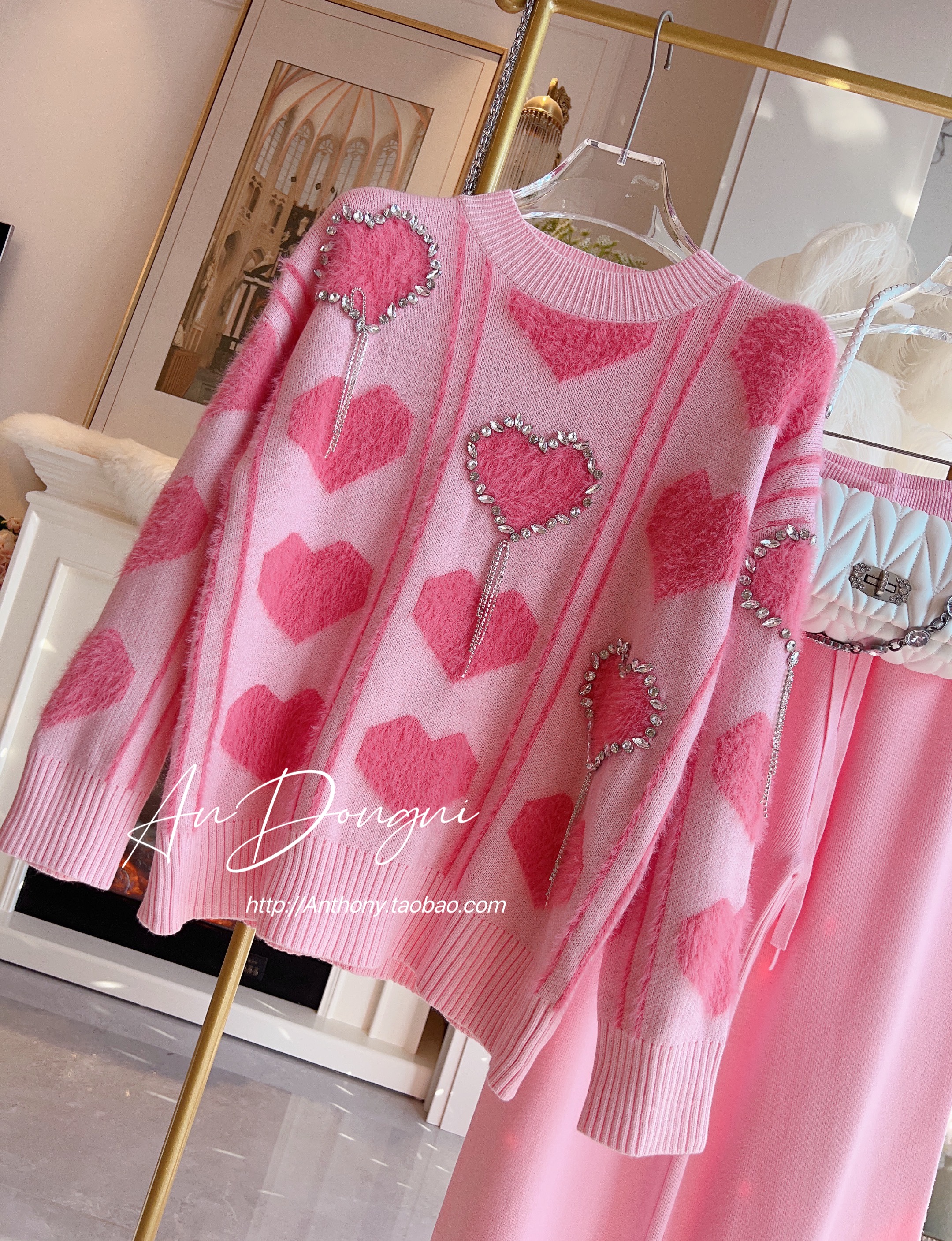 Women's o-neck love heart pattern rhinestone tassel fringe knitted sweater pullover jumper