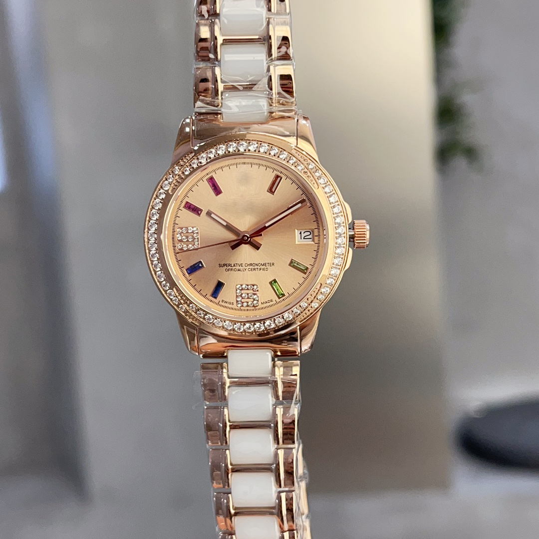 Reloj de diseño de lujo para mujer, fecha de boda, relojes de negocios, movimiento de cuarzo, correa de reloj de cerámica de acero fino 316L, bisel con incrustaciones de diamantes