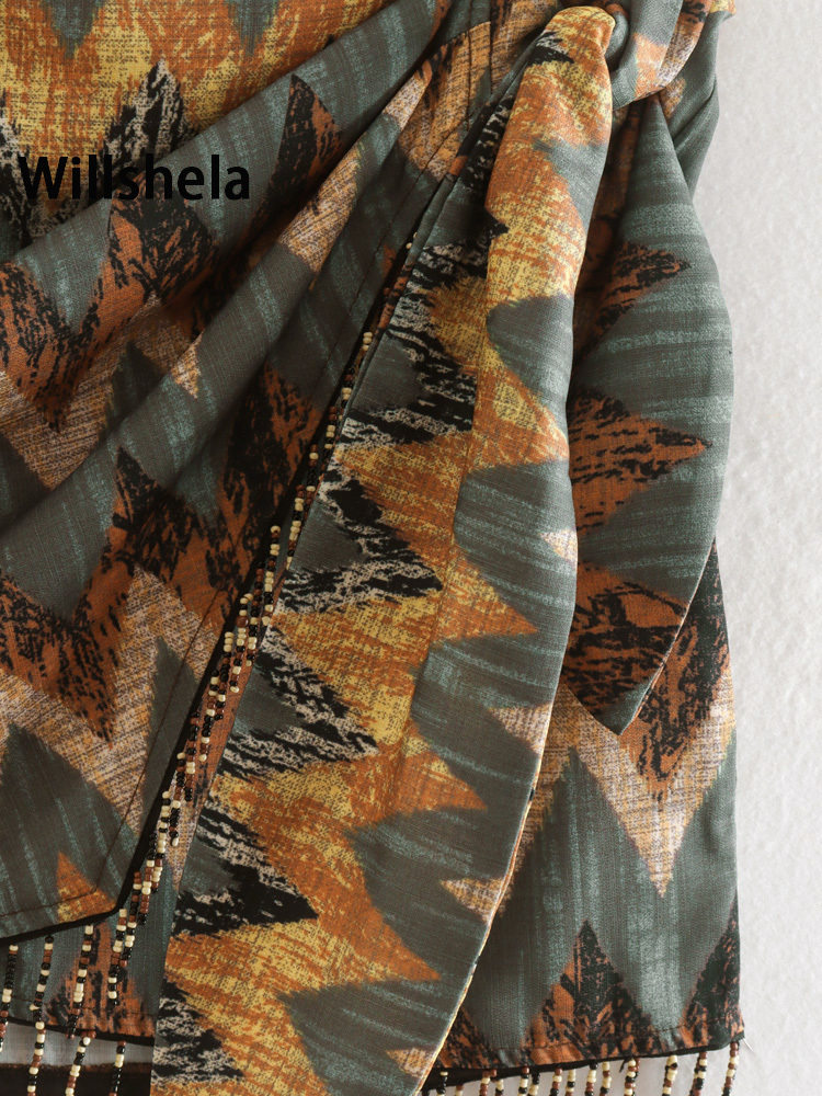Юбки Willshela Women Fashion с бисером напечатанной спиной на молнии мини -винтаж с высокой талией.