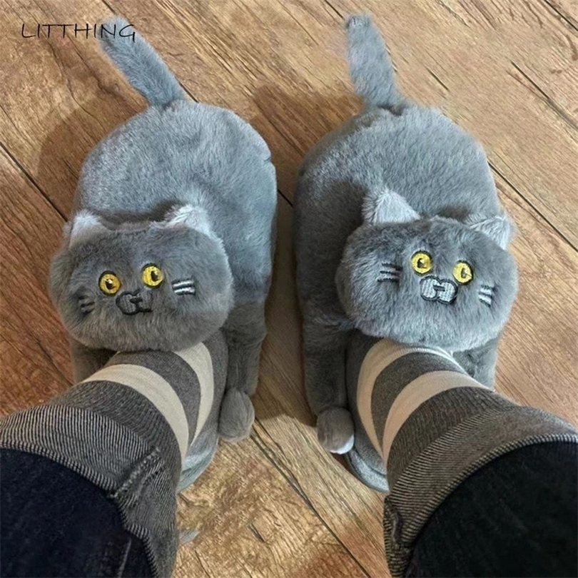 Terlik sevimli sarılmak kedi kadın erkekler kış ev slaytlar kawaii zemin ayakkabıları tüylü kız beyaz katırlar komik sevimli hediye 221103