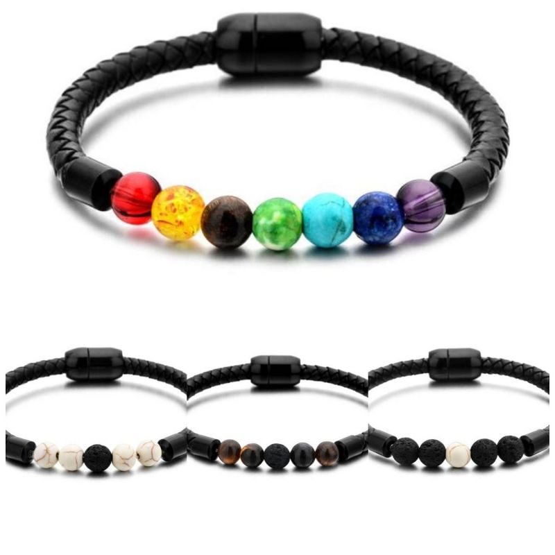 Équilibrage des bracelets de chaîne de cuir authentiques avec fermoir magnétique 7 Chakra Bracelet Natural Bracelet Yoga Diffuseur Bracelets