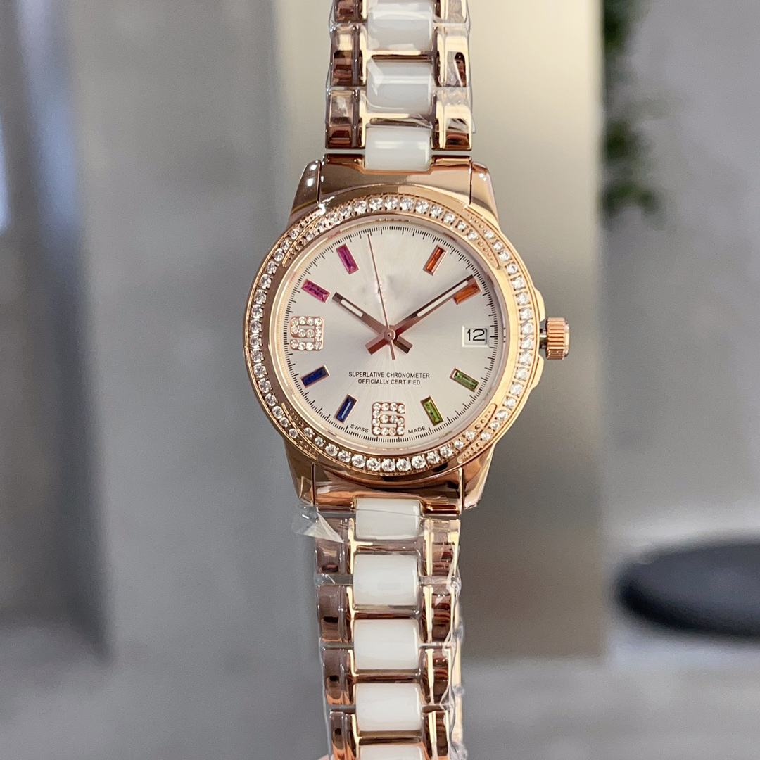 Montre de créateur de luxe pour femmes, date de mariage, montres d'affaires, mouvement à quartz, bracelet en céramique en acier fin 316L, lunette incrustée de diamants