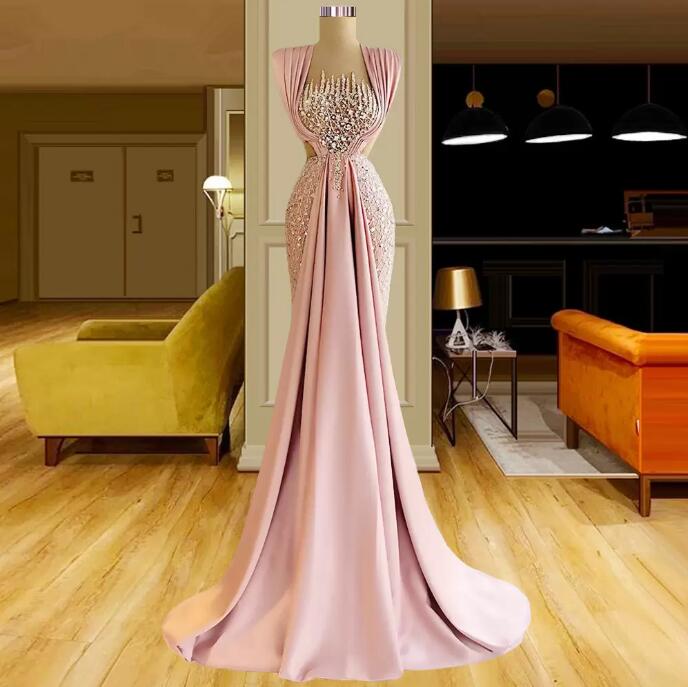 Pink Mermaid Prom Dresses Sequined Sleeveless Custom Made Ruffles Floor Length Sheer Neck Aso Ebi Arabic Evening Engagement Gown