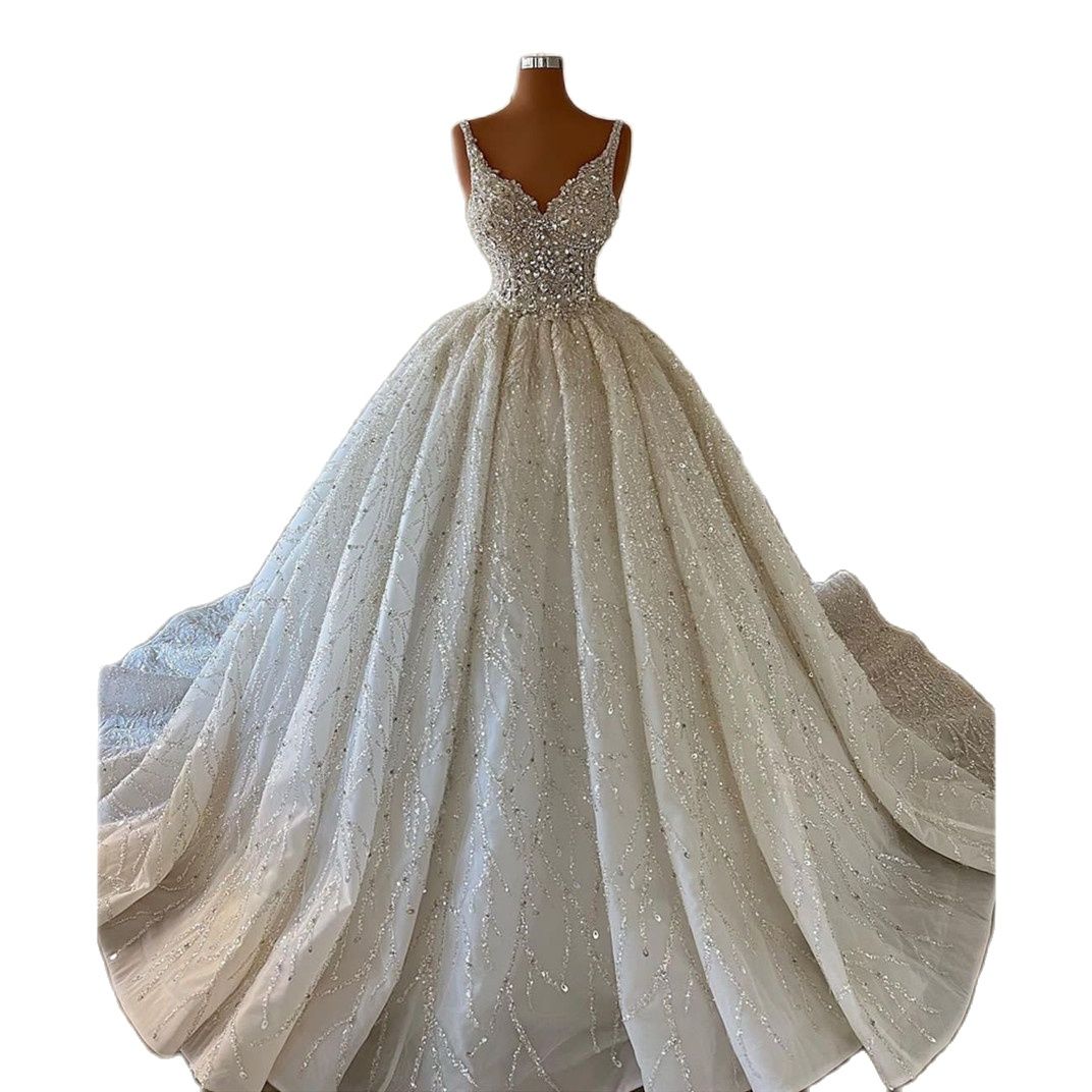 Abiti da ballo di lusso Abiti da sposa Appliques Scollo a V Senza maniche Spalline scintillanti Paillettes Perline Increspature di pizzo Lunghezza del pavimento Sp2203713