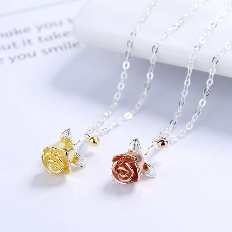 Romantic Red Rose Necklaces 2023 Trend 100% 925 Sterling Silver Two Tone Flower Pendant Jewelry valentines day gifts