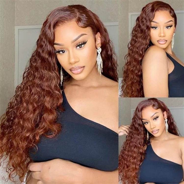 Reddish brown HD lace wigs #human hair 13x4 Frontal closure front wigs deep wave dark auburn raw virgin for black women girl