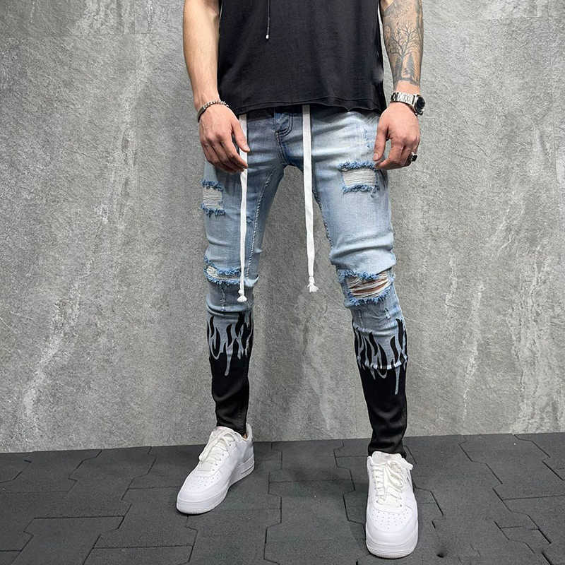 Jeans voor heren Gescheurde jeans voor heren Slim-fit broek Mode Vlamprint Distressed Fringe Pencil Jeans Homme Casual skinny denimbroek met trekkoord T221102