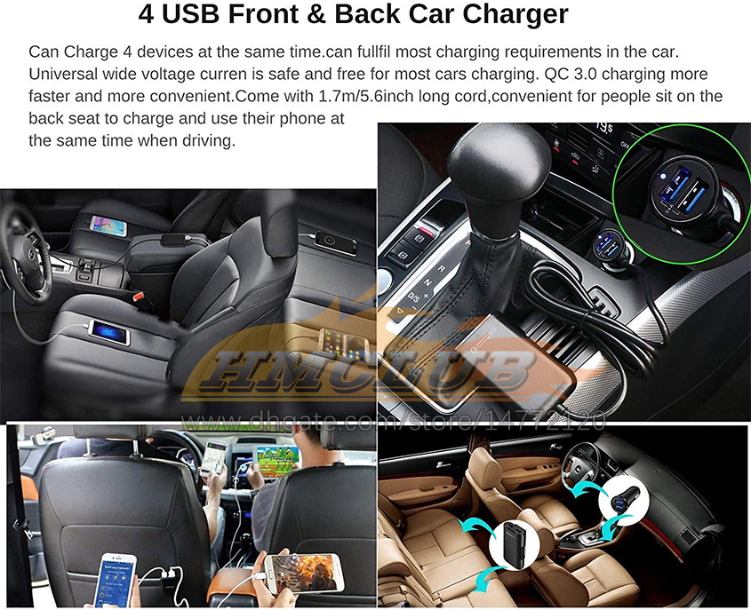 CC434 Quick Charge QC 3.0 Chargeur de voiture Siège avant arrière Recharge de voiture Chargeurs allume-cigare Adaptateur avec 4 ports USB Chargeur de véhicule