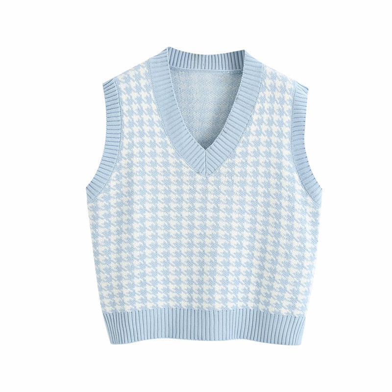 Chalecos de mujer Chaleco de pata de gallo de primavera y otoño Suéter de punto Moda con cuello en v A cuadros sin mangas Chaqueta estampada Casual Bottoming Top 221103