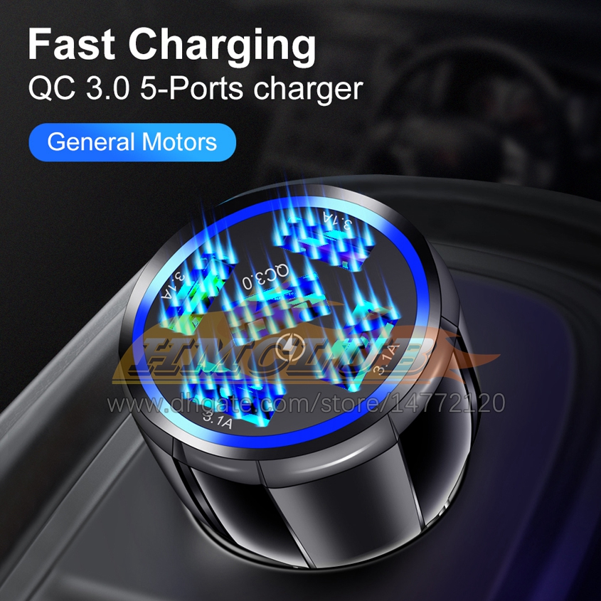 CC411 5 portas carregador USB no carro 15a qc3.0 Carros de carregamento r￡pido carregador para iPhone 12 Series Chargers Adaptador de telefones celulares