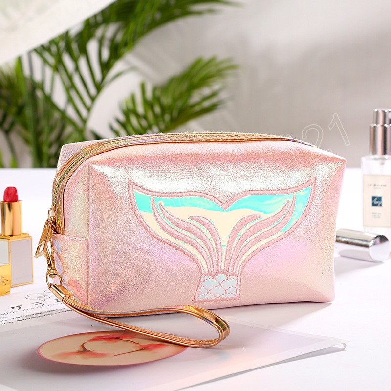 Glitter Makeup Bag Women Leather Makeup Case Travel Small Organizer With Embroidery Mermaid Tail Ladies Cosmetic Bags