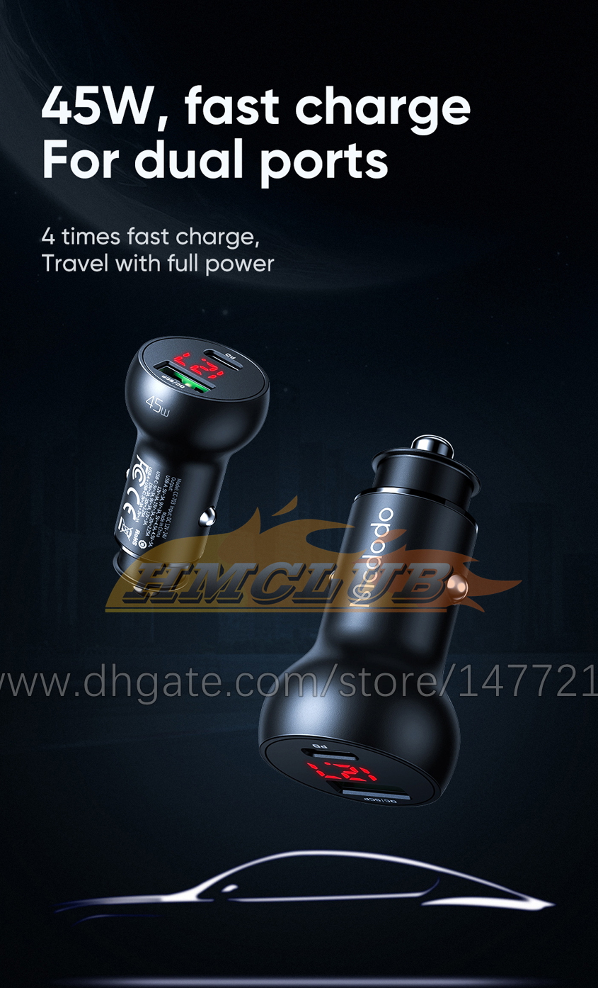 CC389 Metal Dual USB Fast Car Charger 45W PD Auto Cigarette Lighter Charging LED Truck Type C Adapter For iPhone Huawei Samsung