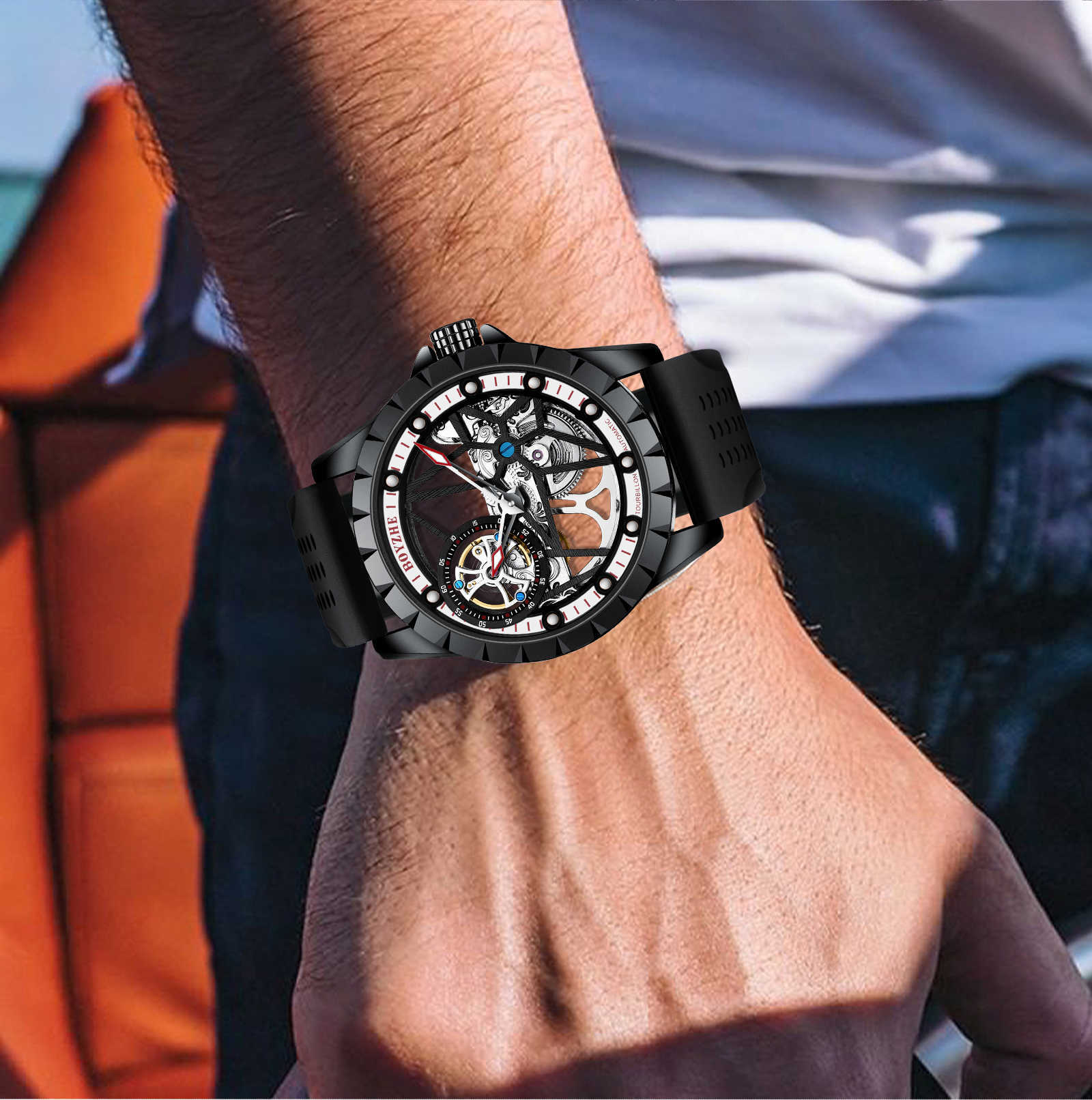 Edición limitada SUPERCLONE Tourbillon Reloj Esqueleto de muñeca personalizado Mecánico automático Etiqueta privada Hombres personalizados Aleación de cuero para hombres