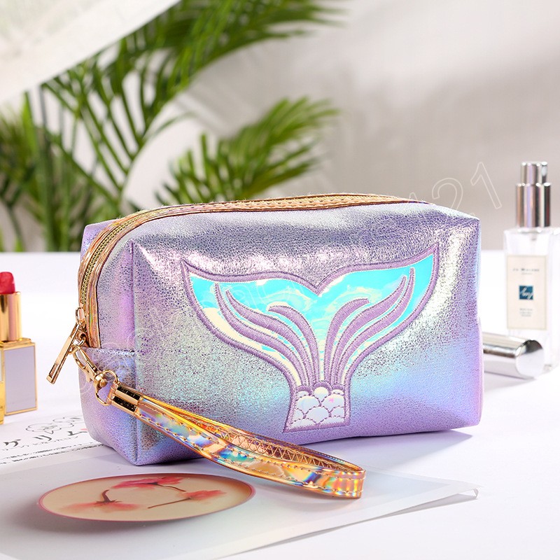 Glitter Makeup Bag Women Leather Makeup Case Travel Small Organizer With Embroidery Mermaid Tail Ladies Cosmetic Bags