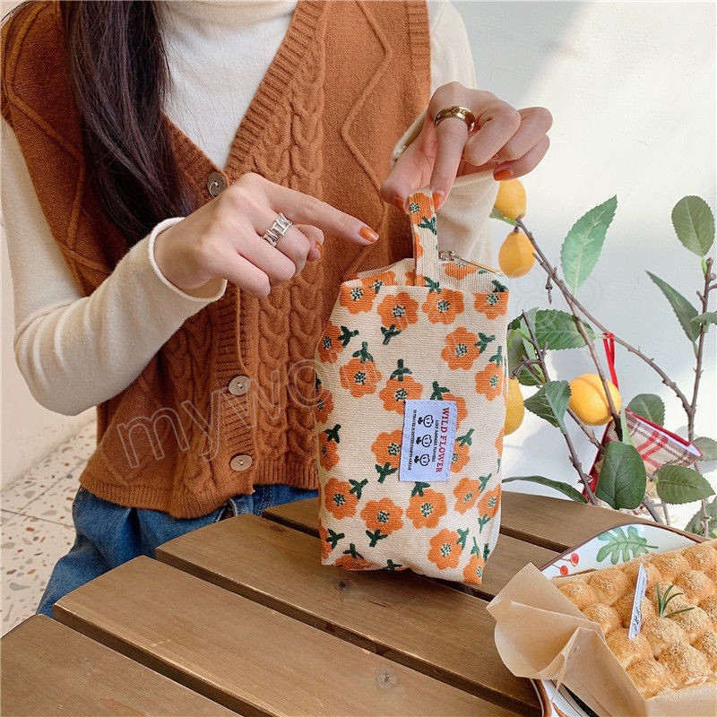 Women Corduroy Plaid Flower Flowers Cosmetic Lipsticks Bag Corean Case Case Case Makeup Bag Bag Neceser Organizer Bags