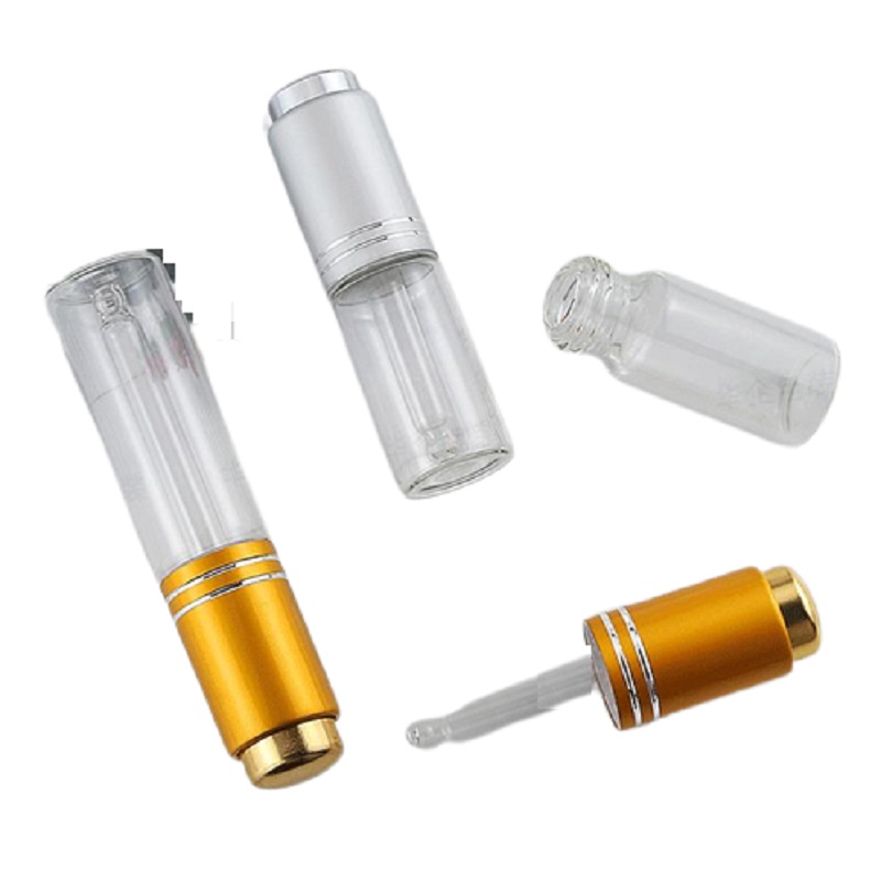 5ml 10ml 15ml 20mlプレスピペットボトルゴールドシルバーリッド空の透明ガラスエッセンシャルオイルドロッパーバイアル化粧品補充可能な容器