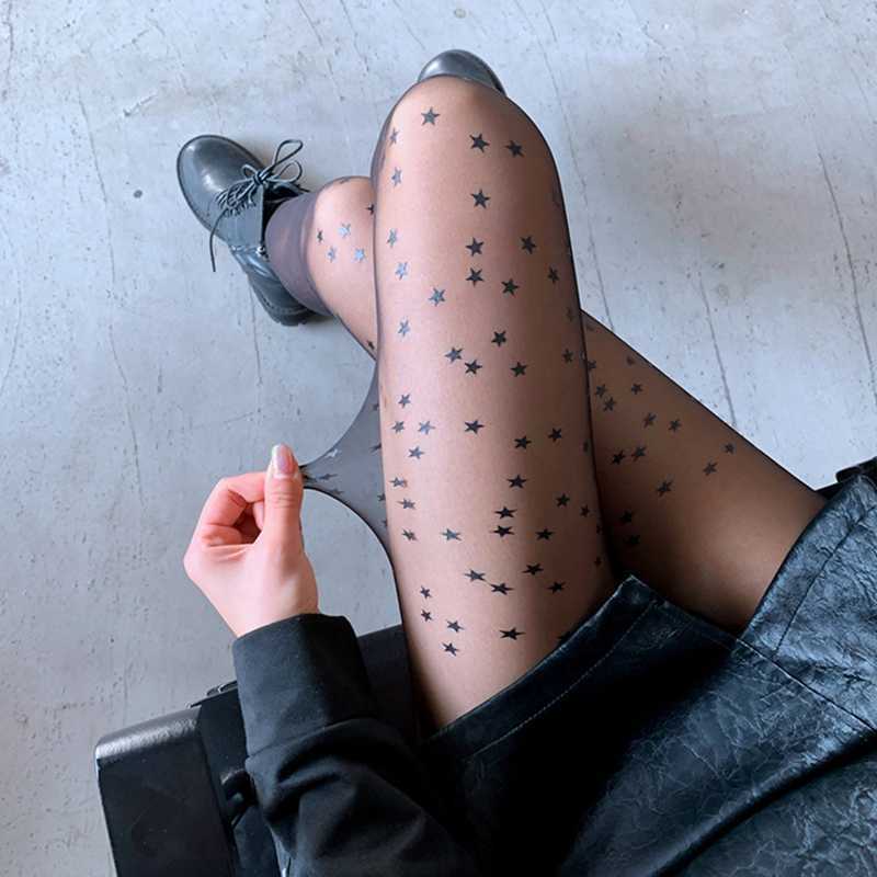 Women's Jumpsuits Rompers 2022 Spring Summer Starry Star Printed Women Tights For Girls Black Sexy Pantyhose Transparent Mesh Thin High Elastic Stockings Y2302
