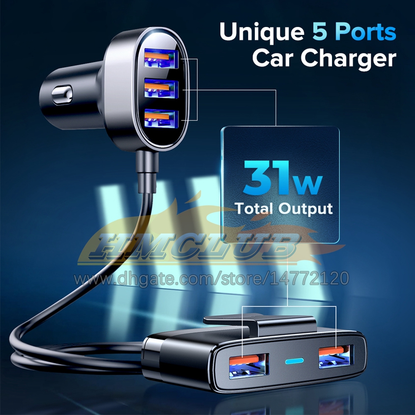 CC406 5 Ports Multi chargeur USB chargeur de voiture adaptateur chargeur rapide avec câble d'extension de 1,5 m chargeurs de téléphone de voiture rapides pour iPhone Samsung
