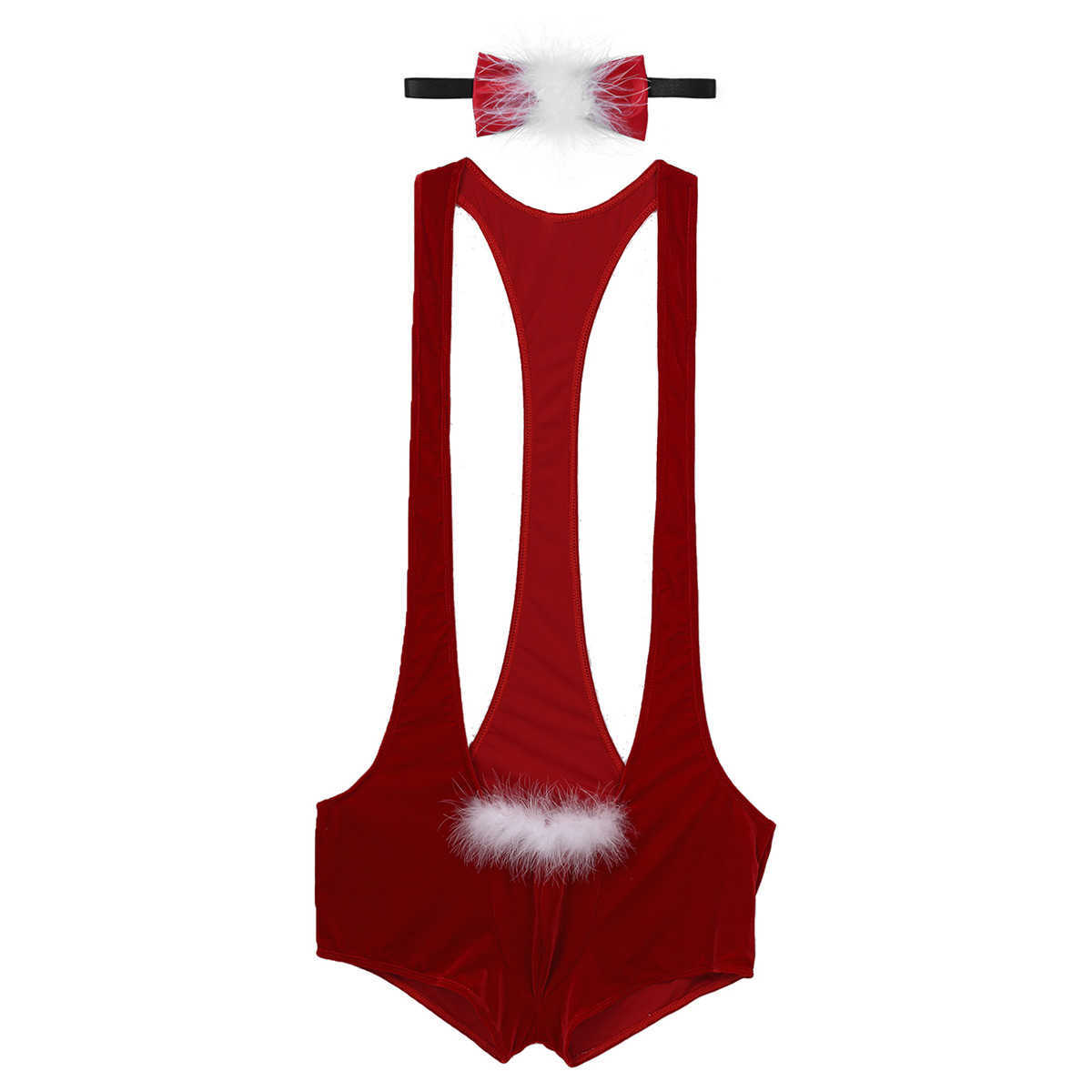 Vêtements de nuit pour hommes Hommes Red Soft Velvet Sous-vêtements de Noël Santa Cosplay Fantaisie Venez Singlet Sexy Mankini Boxer avec Bowtie Male Xmas Underpants T221103