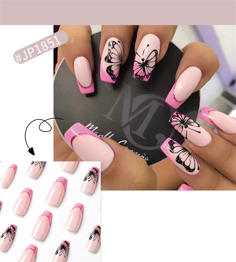 Long Coffin Press on Nail Full Cover Detachable False Nails Wearable Rhinestone Gradiant Ballerina Design Fake Nails Art