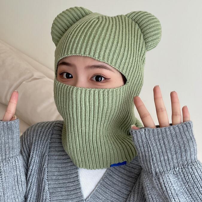 Cute Winter Wool Pullover Hat Female Bear Ears Knitted Beanie Hats Warm Hat Outdoor Riding Windproof Head Cover Scarves Sets