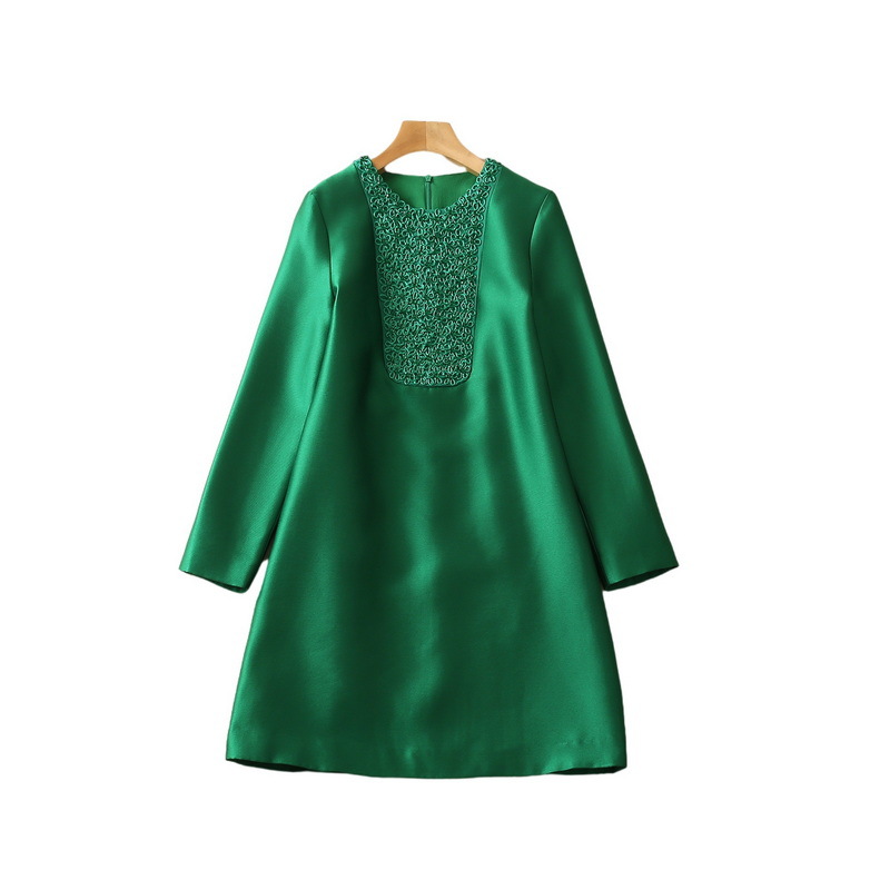 2022 Autumn Round Neck Solid Color Panelled Dress Green 3D Flowers Long Sleeve Rhinestone Short Casual Dresses S2N032329