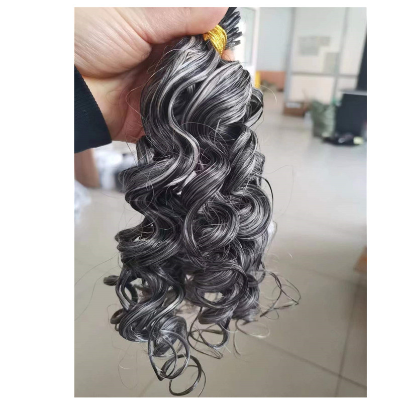 NIEUW ZILVER GREY CURLY I Tip Human Hair Extension vooraf gebonden zout en peper golvende krul Rauw Virgin Gray Microinks ITIPS 0.7G/STRAND 100Strand/Pack Two Pack Free Shippng