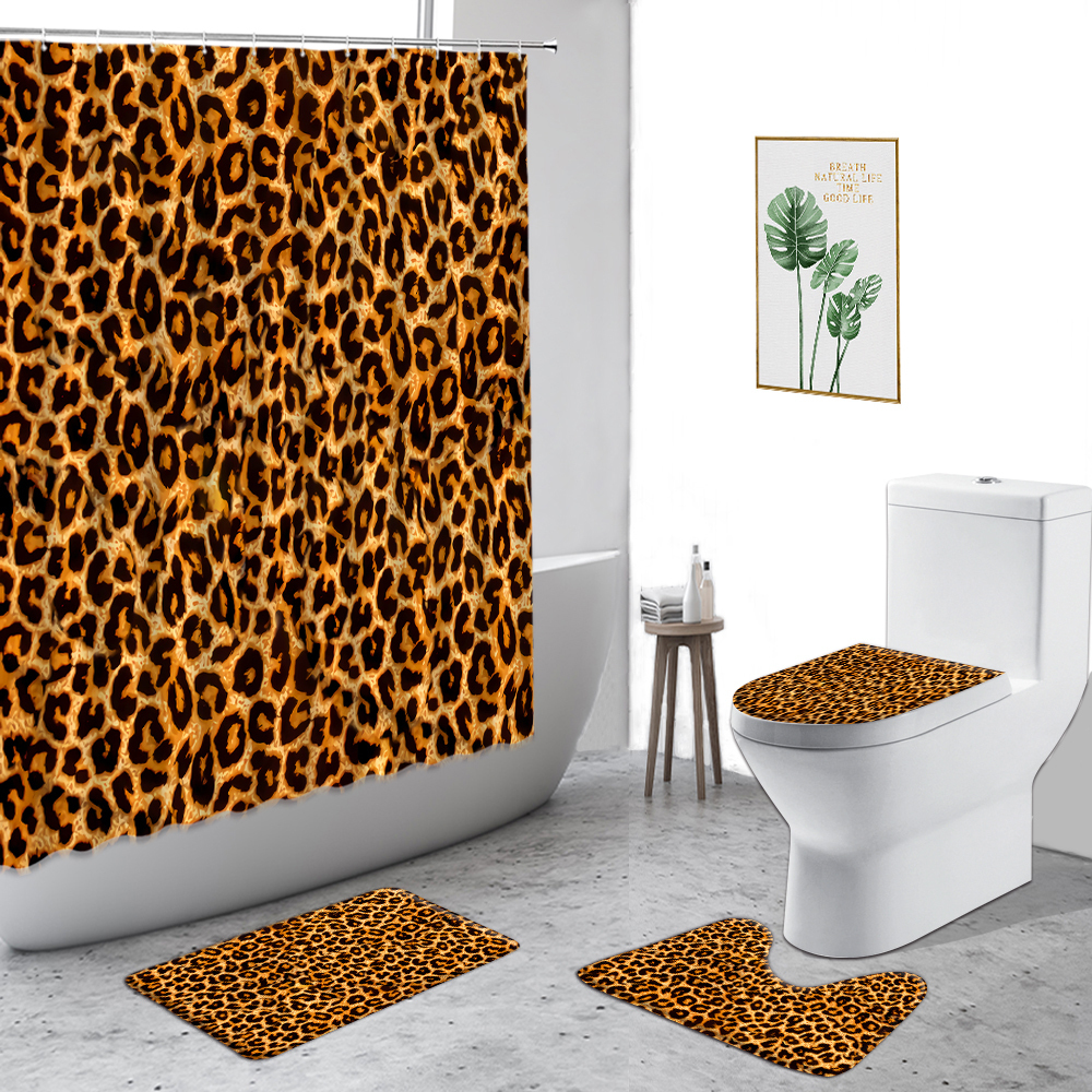 Duschgardiner grå leopard mode cheetah mönster 3d tryck badrum 4 bit set anti slip mattor toalett täcke bad gardin 221104