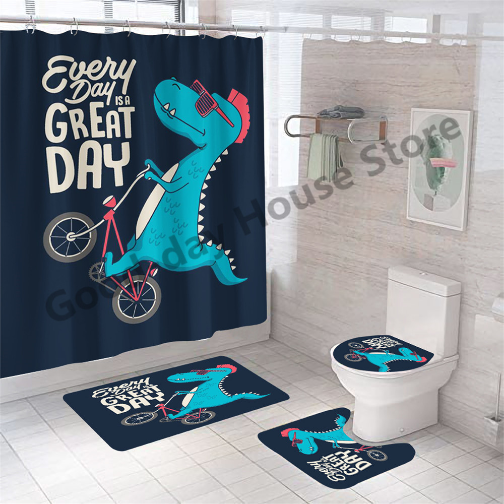 Douchegordijnen Badkamer Tapijten en Mat Set 3D Luxe Zwart Goud Gordijn Grappig Dinosaurus Fiets Waterdicht Antislip Bad Toilet Cover Tapijt 221104