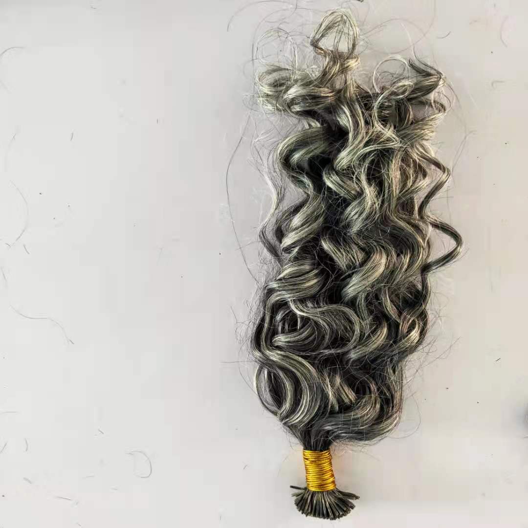 Ny silvergrå Curly I Tip Human Hair Extension Pre Bonded Salt och Pepper Wavy Curl Raw Gray Microinks Itips 0.7G/Strand 100strand/Pack Two Pack Free Shippng