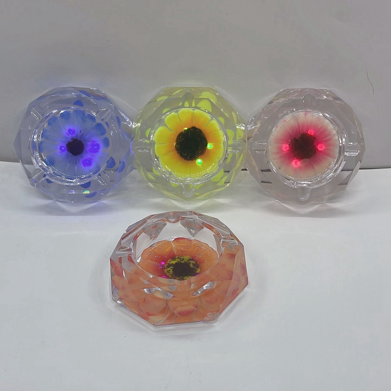 Colorful Lighting Resin Octagon Diamond Ashtrays LED Lamp Dry Herb Tobacco Cigarette Holder Handpipes Soot Container Smoking Bracket Petal Style Ashtray