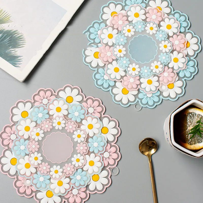 Daisy Flower Coaster Mats Blue Pink Non-Slip PVC Silicone Coasters for Tabletop Protection Wedding Decoration