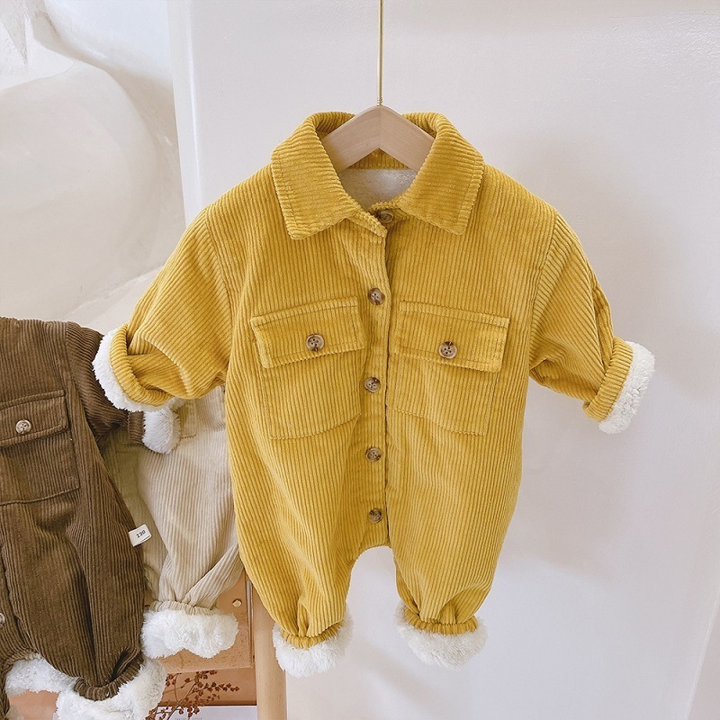 Rompers född baby flicka pojke tjock corduroy jumpsuit långärmad vinter spädbarn småbarn varm fleece romper outfit kläder 0-2y 221107